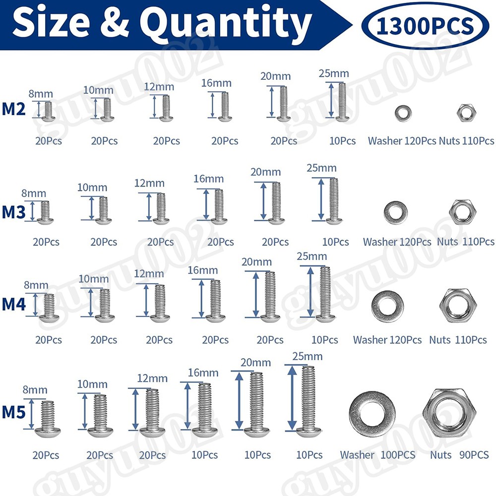 1300Pcs M2 M3 M4 M5 Button Head Socket Cap Screw Bolts Nuts Washers Assortment