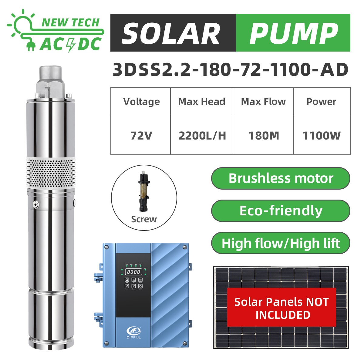 [US Stock] 1100W Solar Bore Well Pump 72V DC/AC Hybrid Submersible Pump 180m