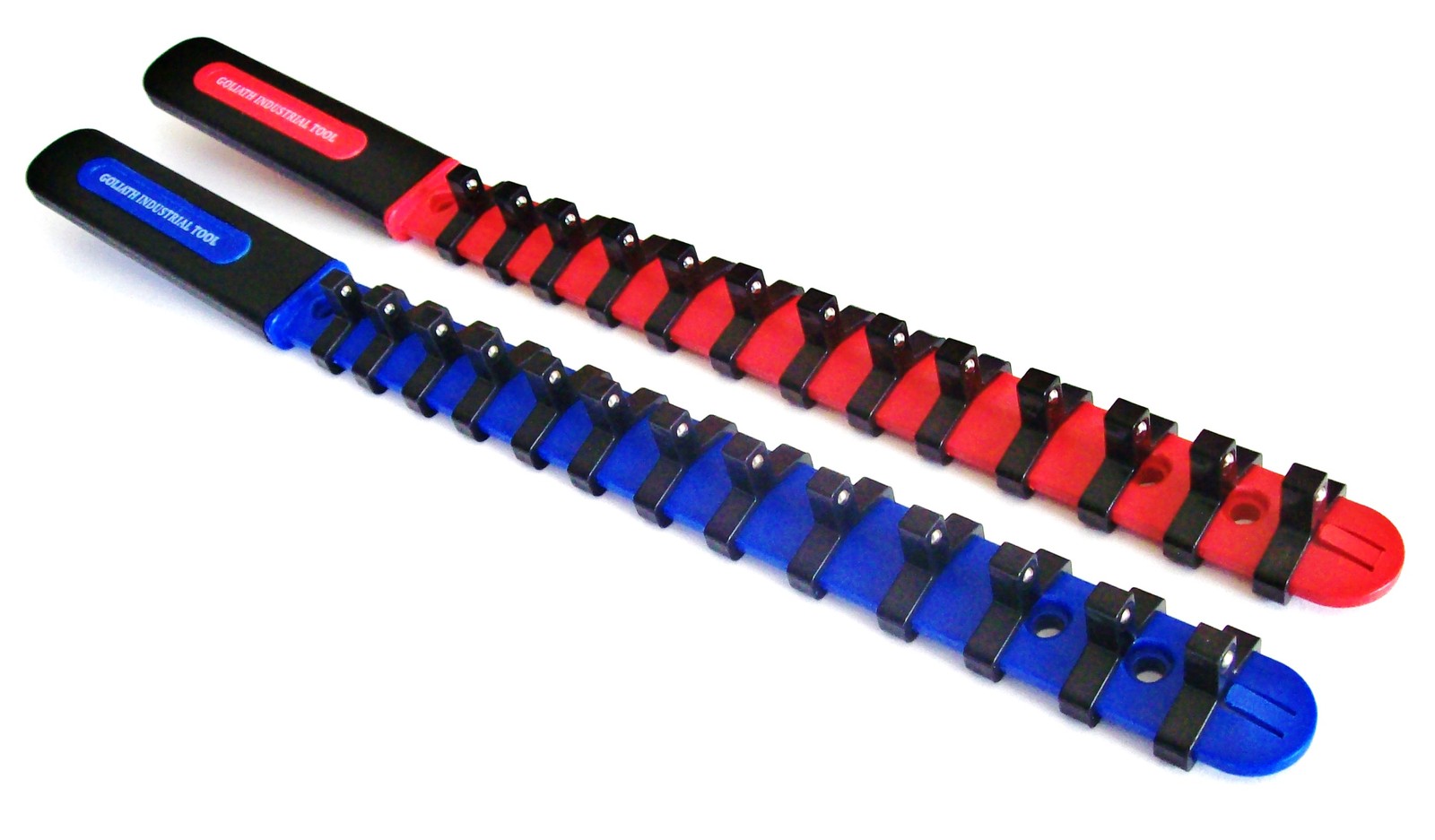2 GOLIATH INDUSTRIAL 1/4″ ABS PLASTIC RED/BLUE SOCKET RAIL HOLDER ORGANIZER RACK