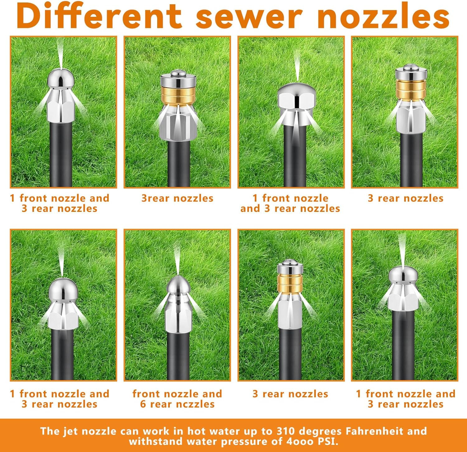 10Pcs Sewer Jetter Nozzle Kit, Stainless Steel, 5000 PSI, 1/4″ & 3/8″ NPT Quick