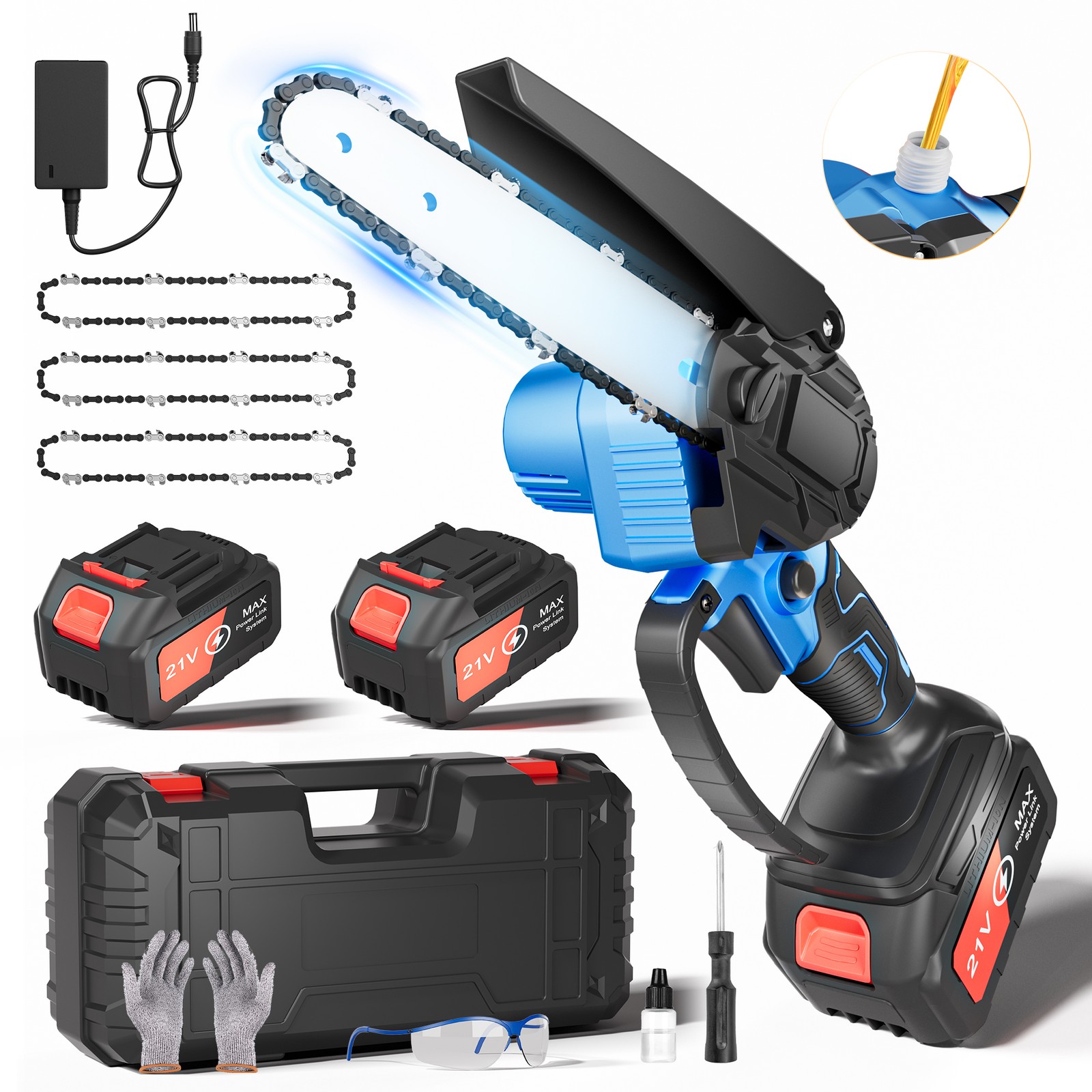 6 Inch 21V Cordless Mini Chainsaw, Handheld Electric Chain Saw for Wood Cutting