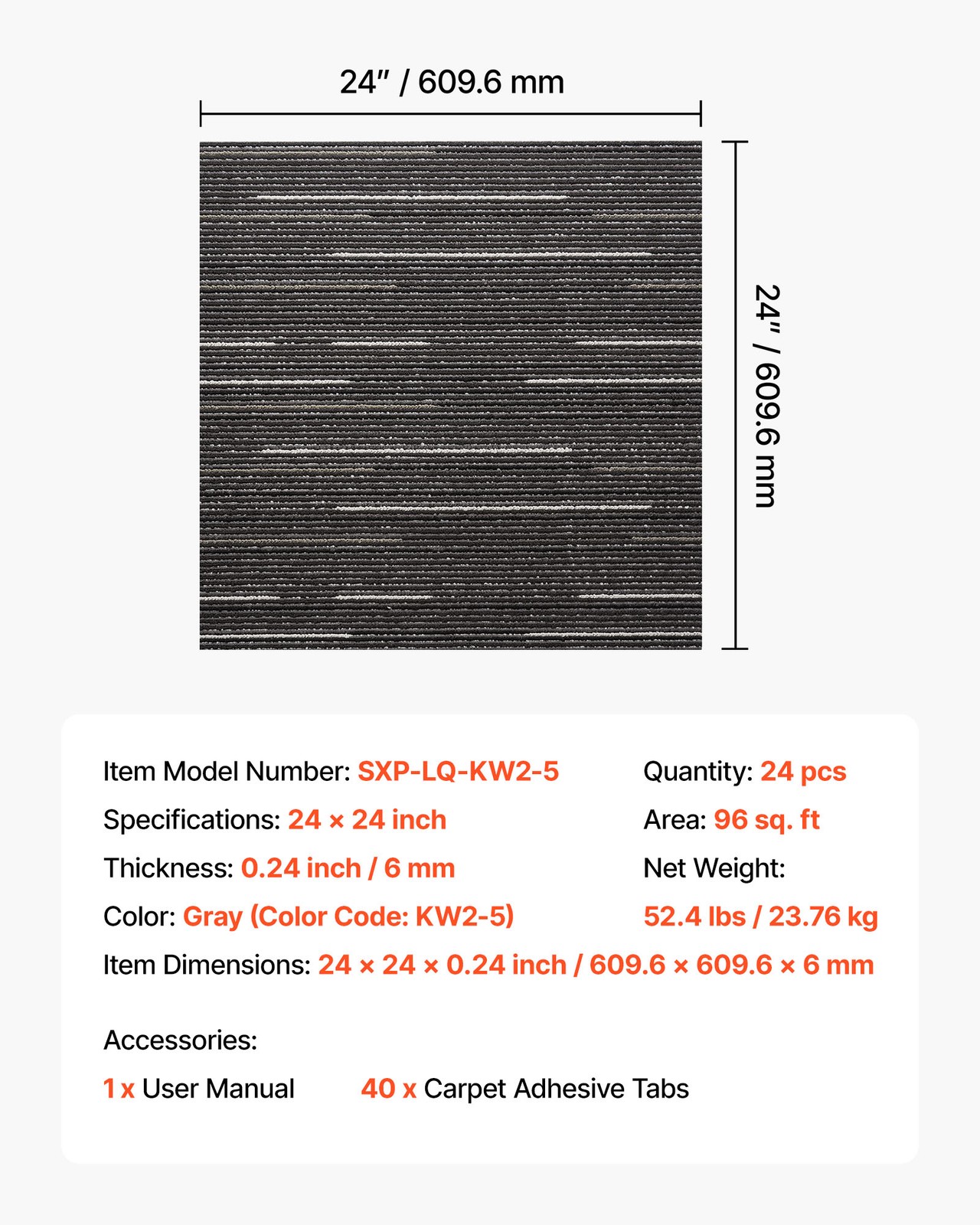VEVOR Carpet Tiles Reusable 24×24 inch 24 PCS Modular Rug Soft Padded Gray