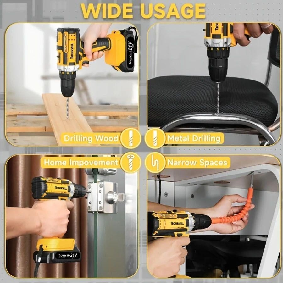BOURVILL 21V Cordless Impact Drill Set, Wireless Drill Set, Household Power Tool
