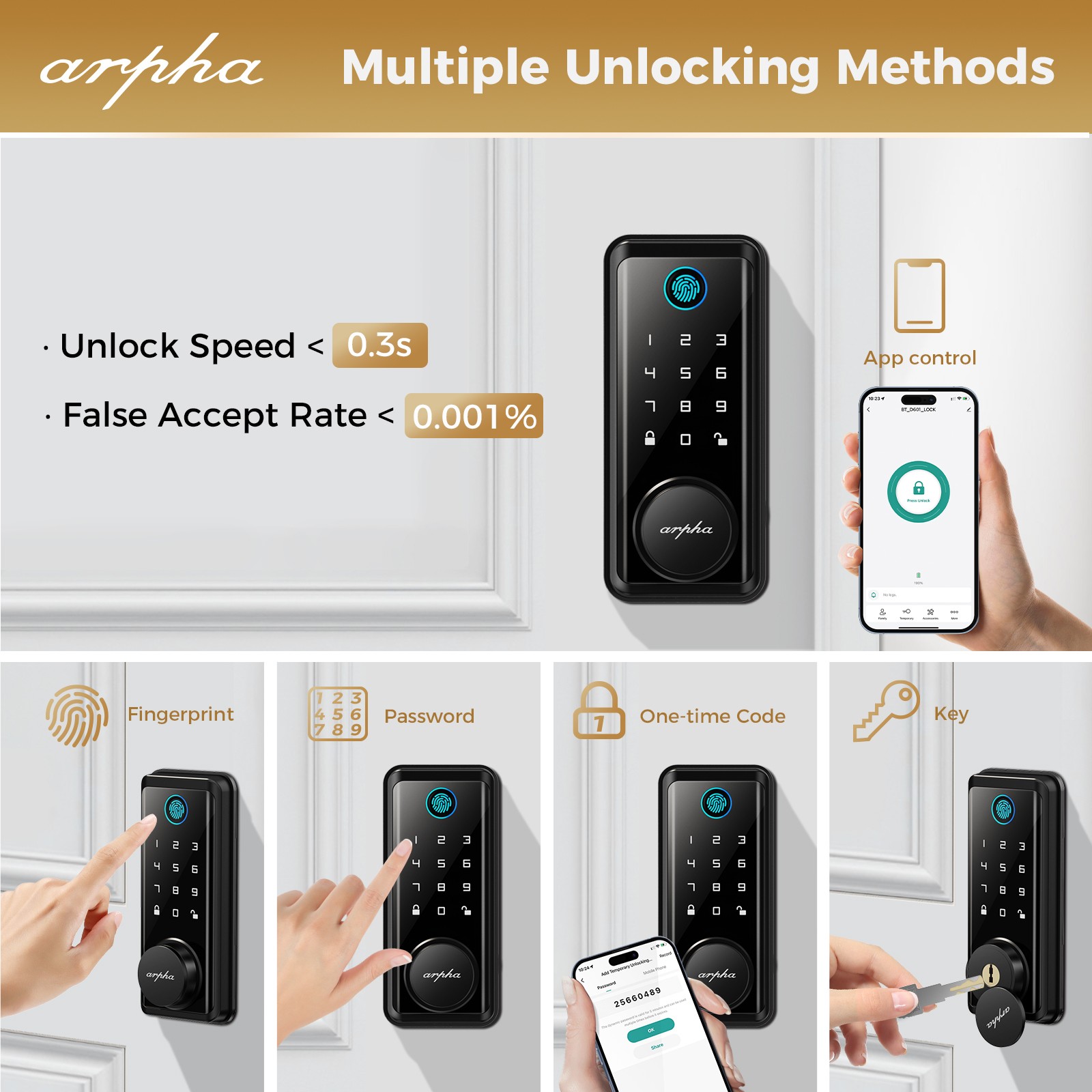 ARPHA Keyless Entry Smart Door Lock 50 Code Keypad Deadbolt Fingerprint Password