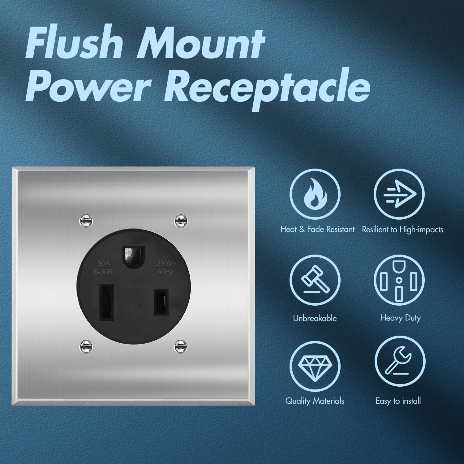 50 Amp 250V NEMA 6-50R Power Outlet, Heavy-Duty 50A Receptacle,Square wallplate