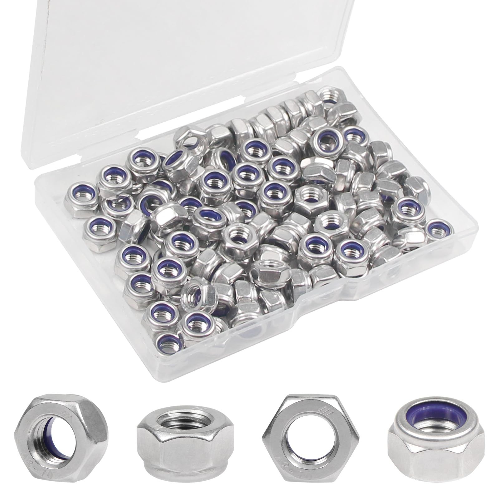 100PCS M6 Locknuts M6x1.0mm Nylon Insert Hex Lock Nuts 304 Stainless Steel Me…