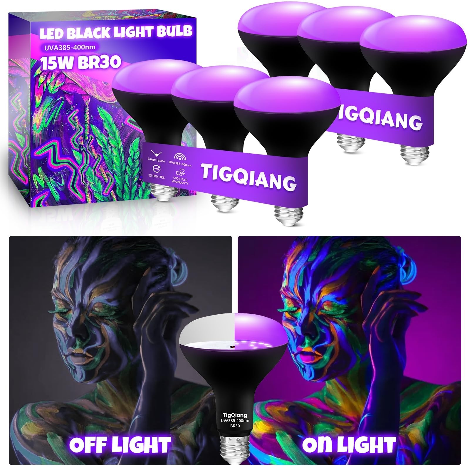 6 Pack Black Light Bulbs, 120W Equivalent E26 LED for Halloween Decor, Glow Part