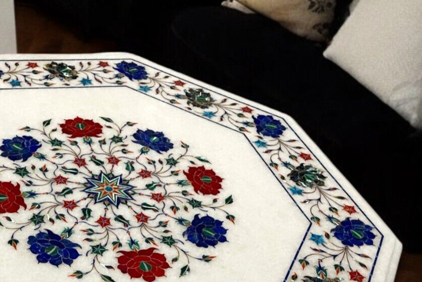 Buy White Marble Sofa Center Table Handcrafted Carnelian with Lapis Inlay Stone