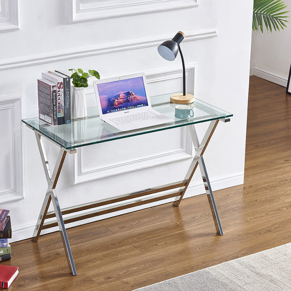 Glass Computer Desk, Student Writing Study Gaming Desk, Home Office Desk
