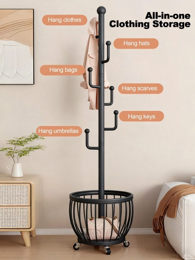 Freestanding Tree Coat Rack with Basket Metal Entryway Hat Bag Stand