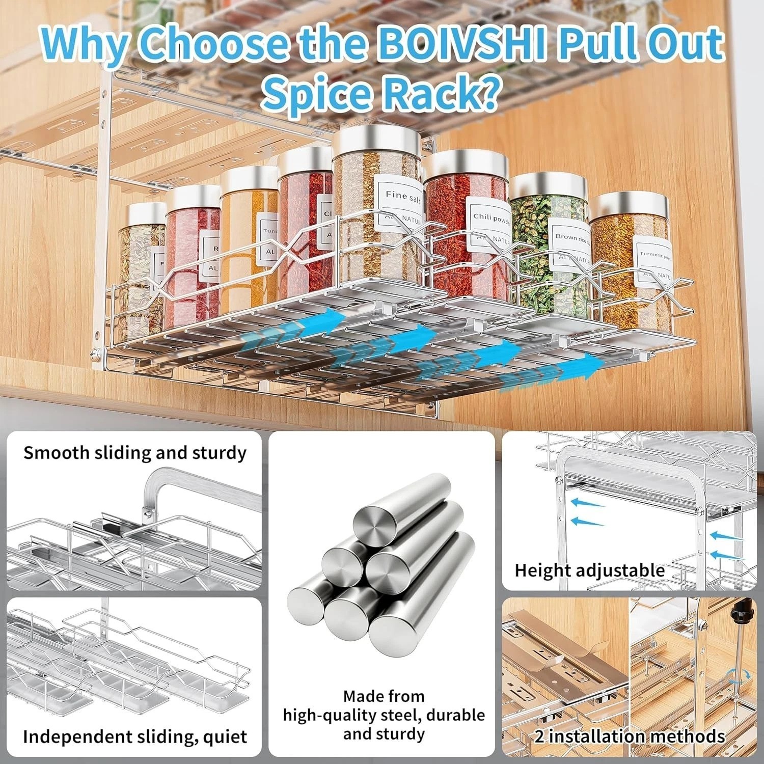 Heavy Duty Chrome Spice Rack Organizer – 2 Tier Pull Out Cabinet Storage, 11″W
