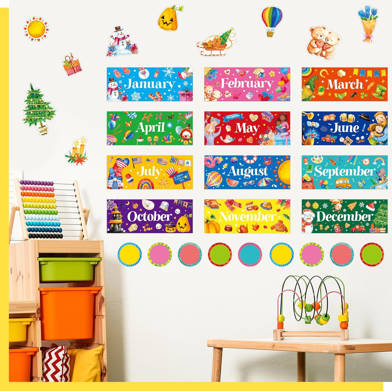 112 PCS Holiday Monthly Headliners, 12 Months of The Year Bulletin Board Decors
