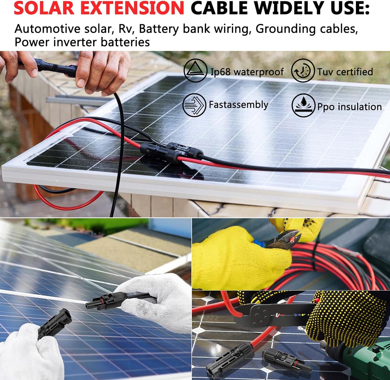 10 AWG Solar Panel Extension Cable PV Wire Solar Connector Pair Black & Red 6mm²