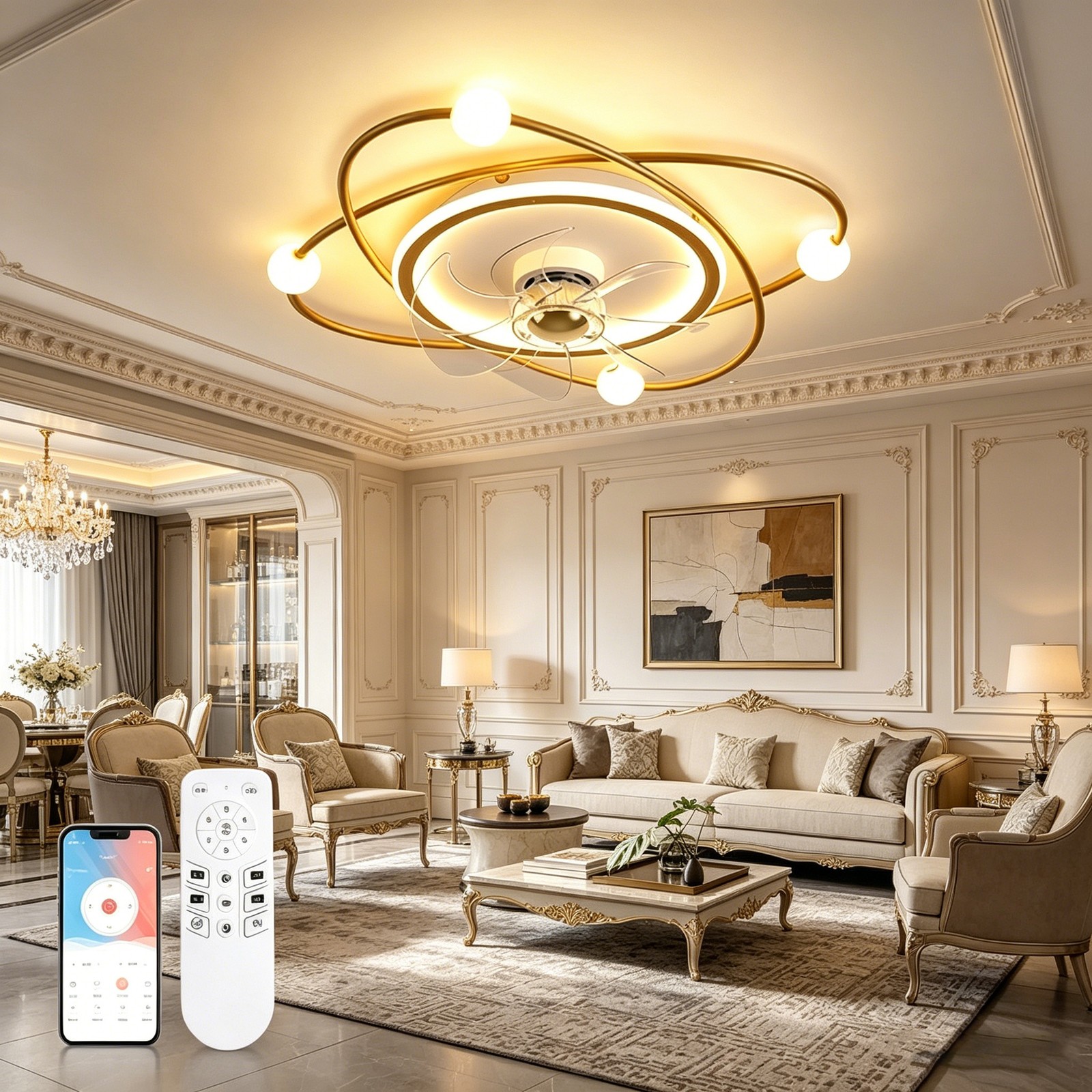 Decorative Gold Ceiling Fan Light Fixture Modern Interior Lighting Home Decor