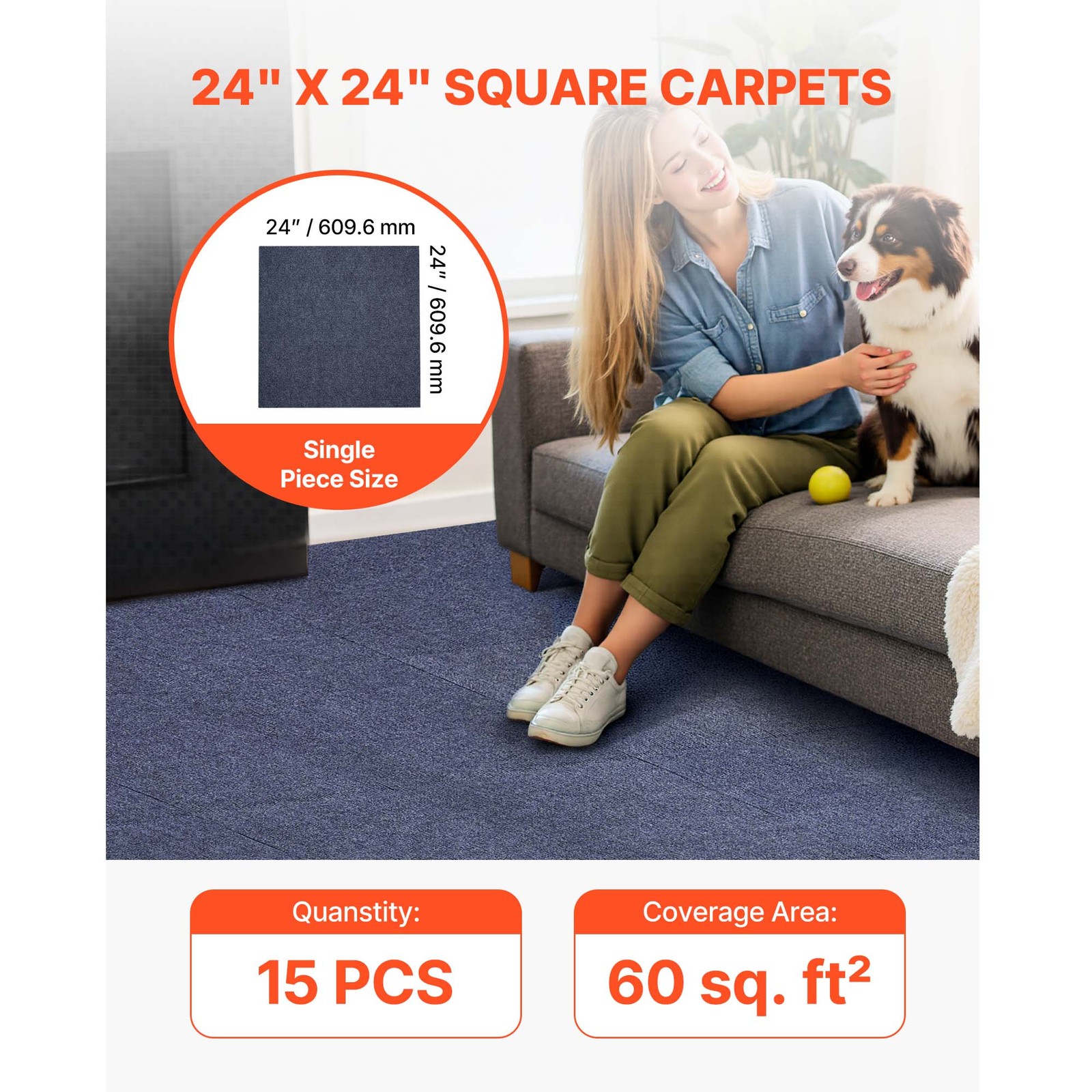 Uimoso 24×24 Inch Carpet Tiles, 15-Pack, Self-Adhesive Gray Rug Squares