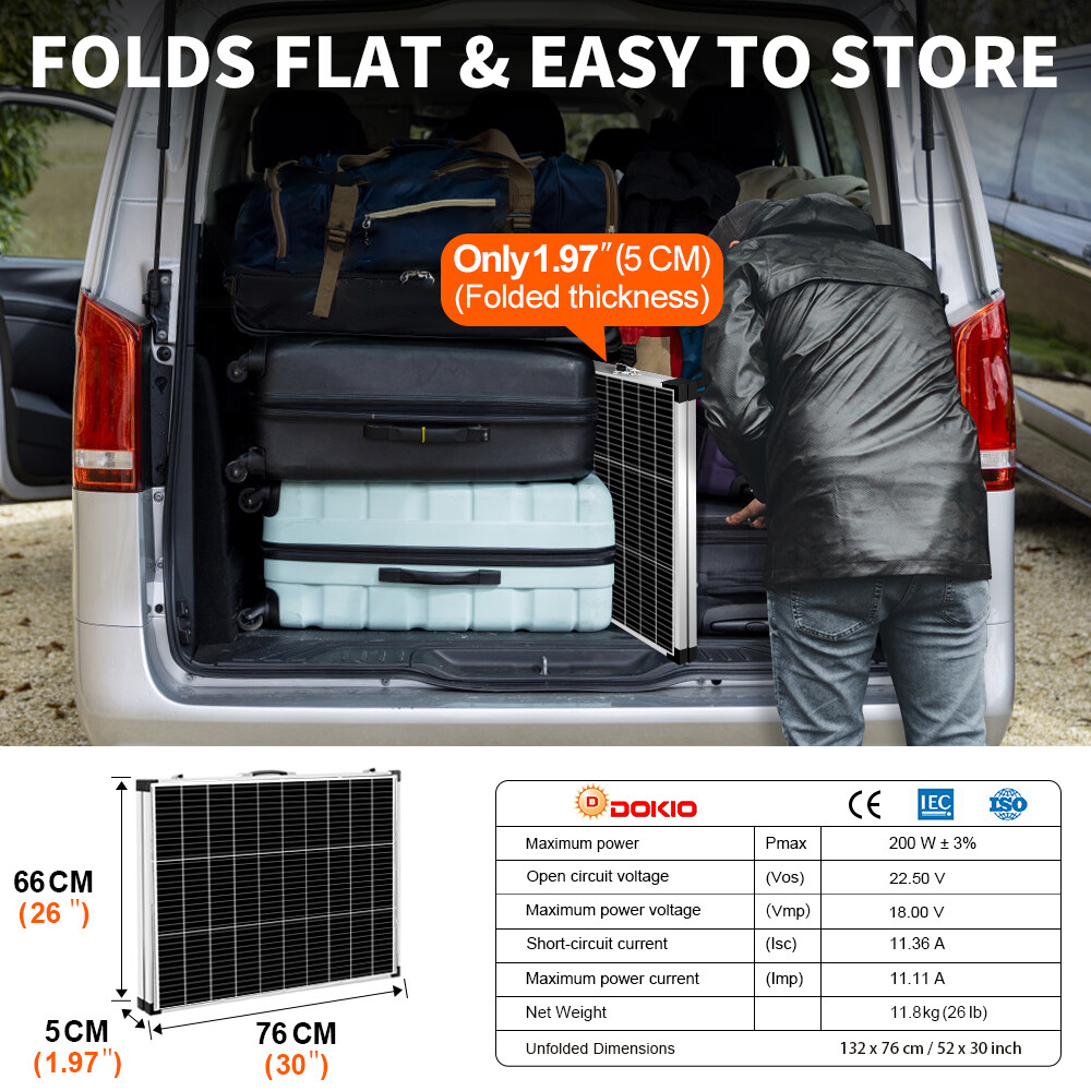 DOKIO 200W Portable Solar Suitcase Panel Kit for RVs/campers/off-grid battery