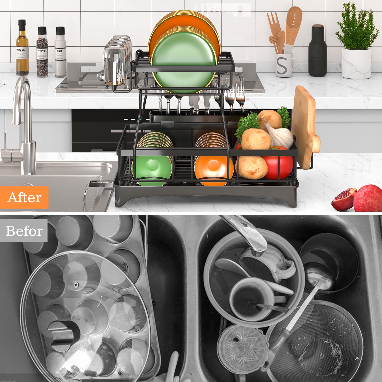 Dish Drying Rack, 2-Tier Dish Racks for Kitchen Counter, Dish Rack W/ Drainboard