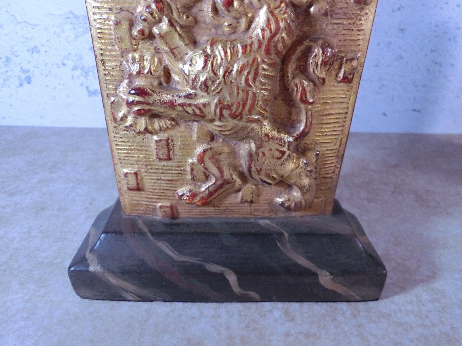 Gold Gilded Regal Lion & Crown Bookends w/Marbleized Base English British Style