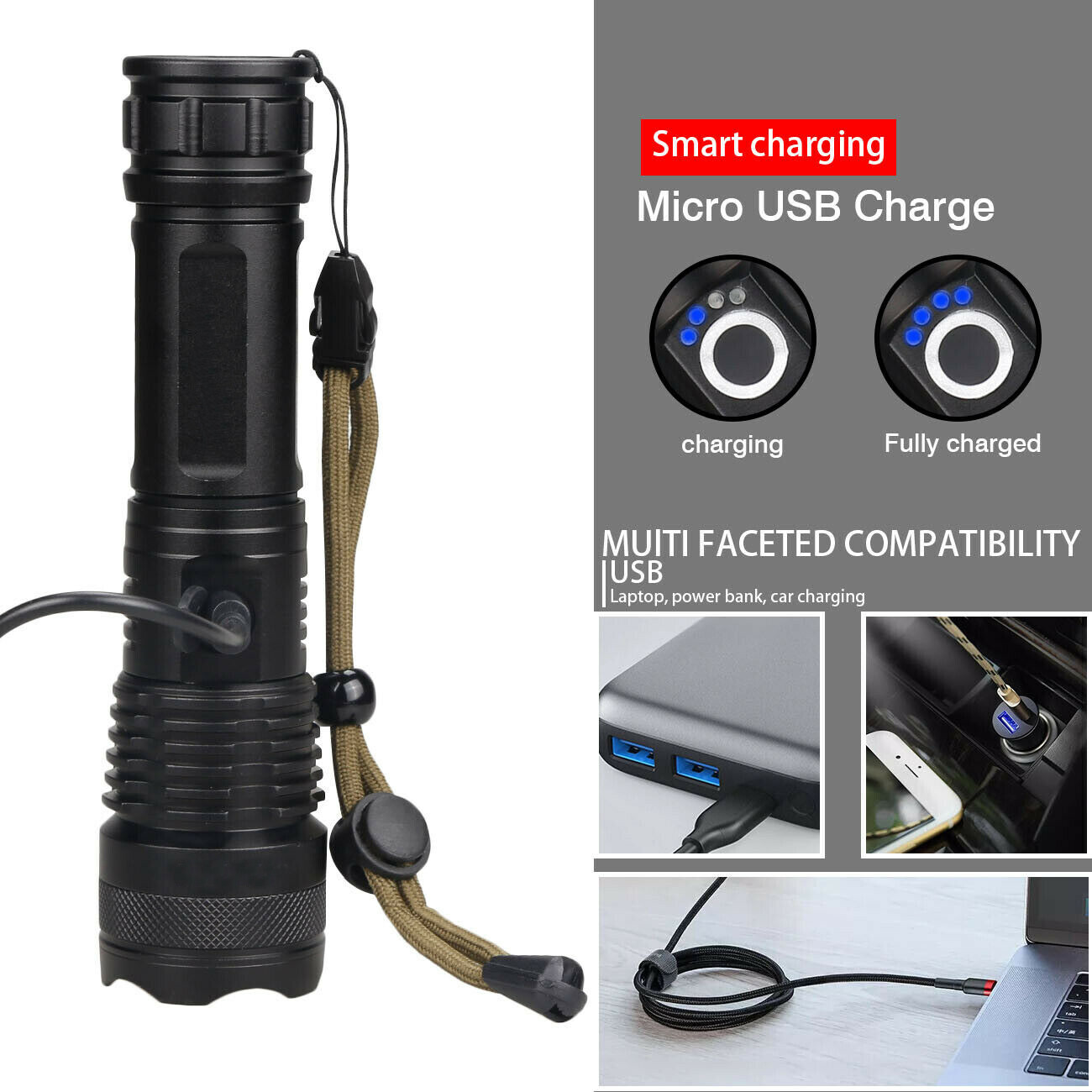 Rechargeable 990000LM LED Flashlight Tactical Police Super Bright Torch Zoomable