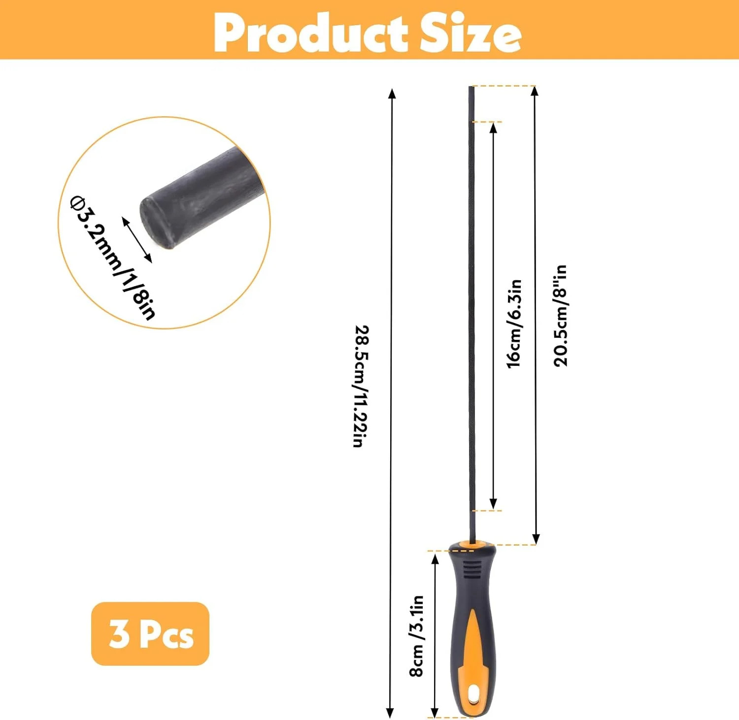 3PCS Chainsaw Sharpening Files 1/8in 3.2mm Round File Set