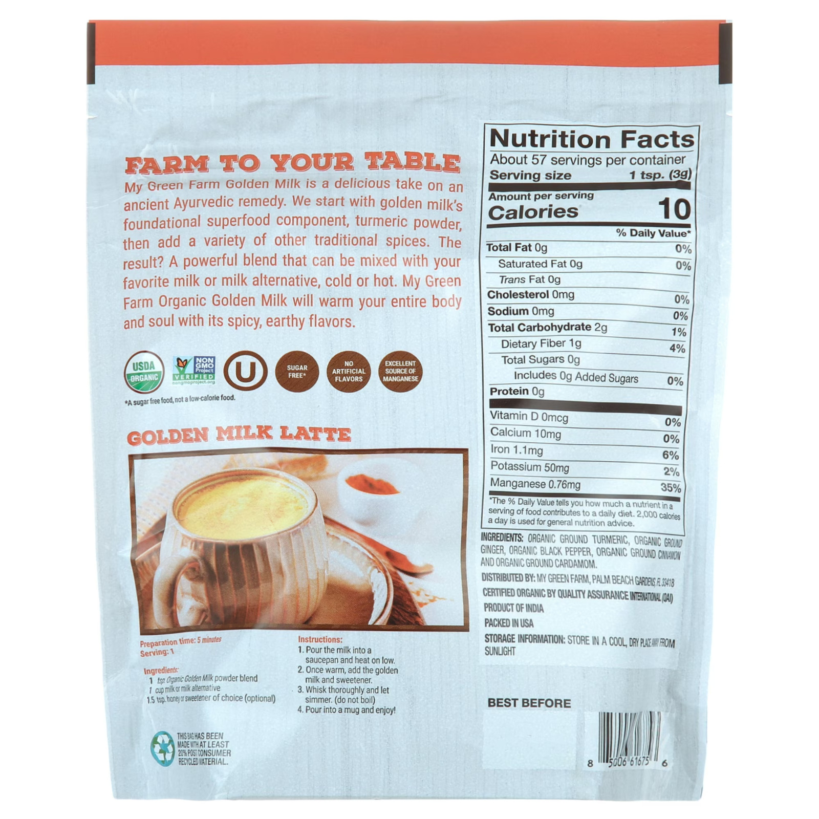 My Green Farm Organic Golden Milk Powder, 6 oz