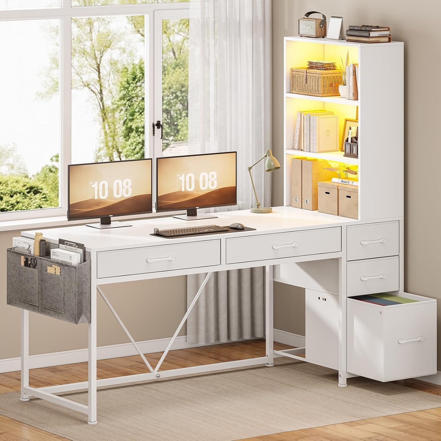 Computer Desk with 5 Drawers&Bookshelf, Reversible Home Office Desk w/LED Lights