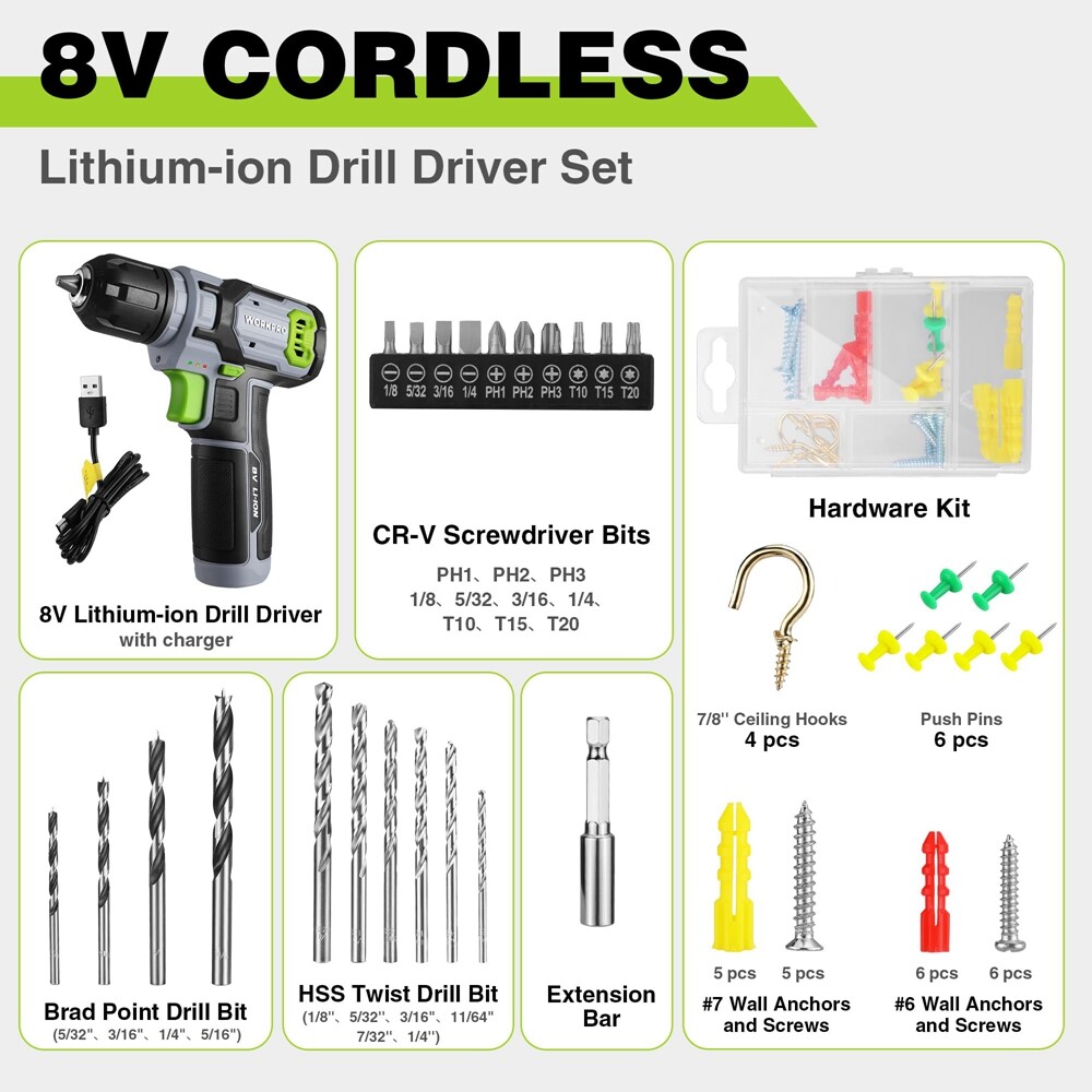 WORKPRO 8V Cordless Drill Driver Set 53pcs Bit Electric Drill 3/8″ Keyless Chuck