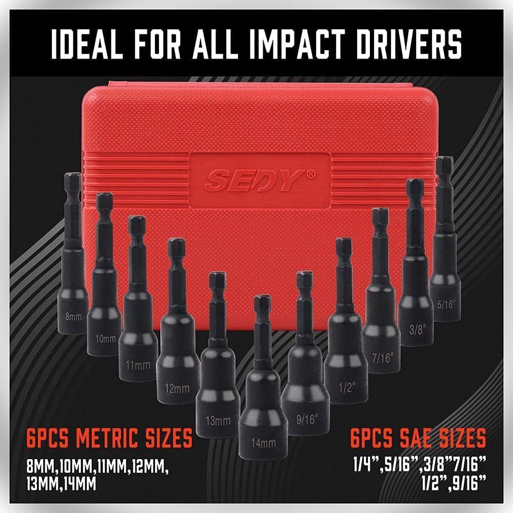 12PC Magnetic Nut Driver Set SAE Metric Impact Drill Bit 1/4 Quick Change