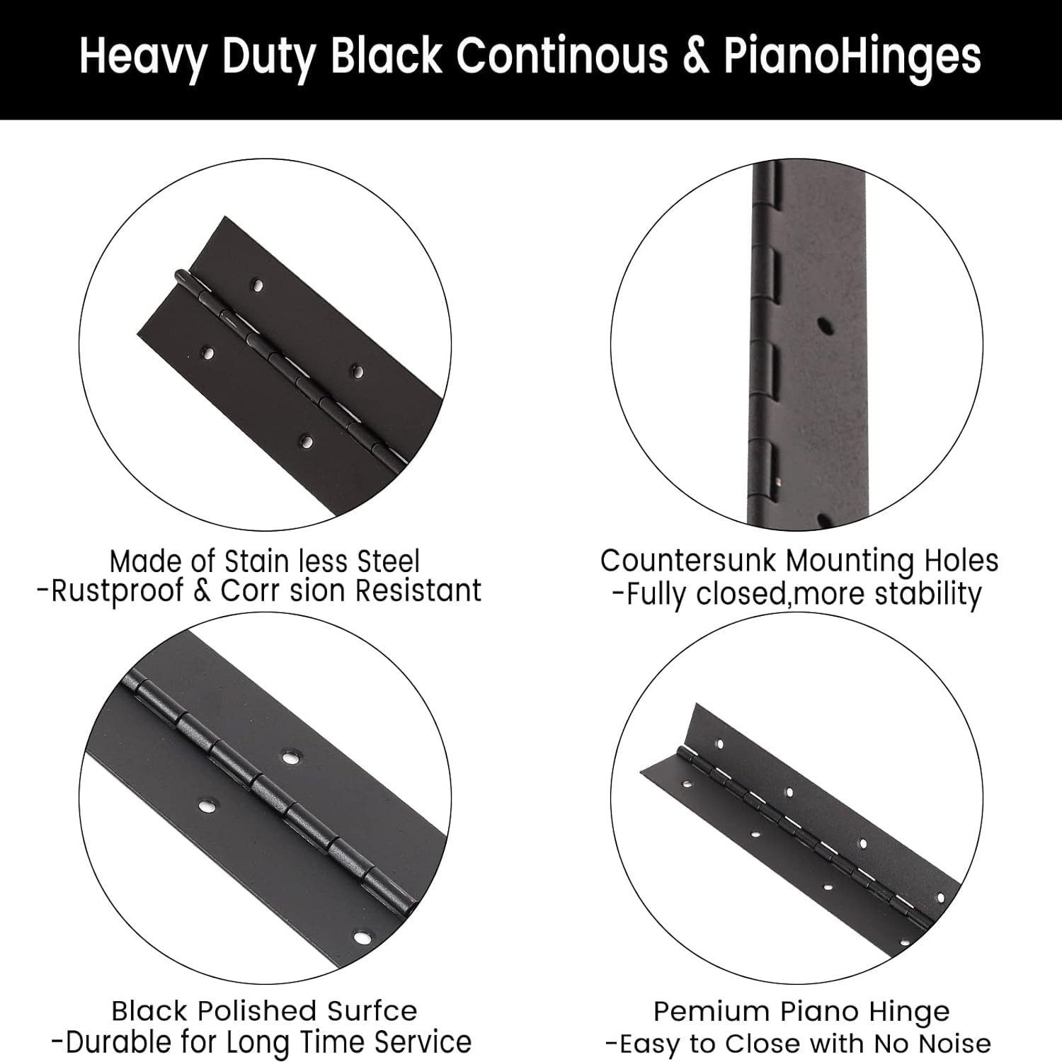 Black Stainless Steel Piano Continuous Hinges 0.05 Thick 10×2 Inch 2 PCS