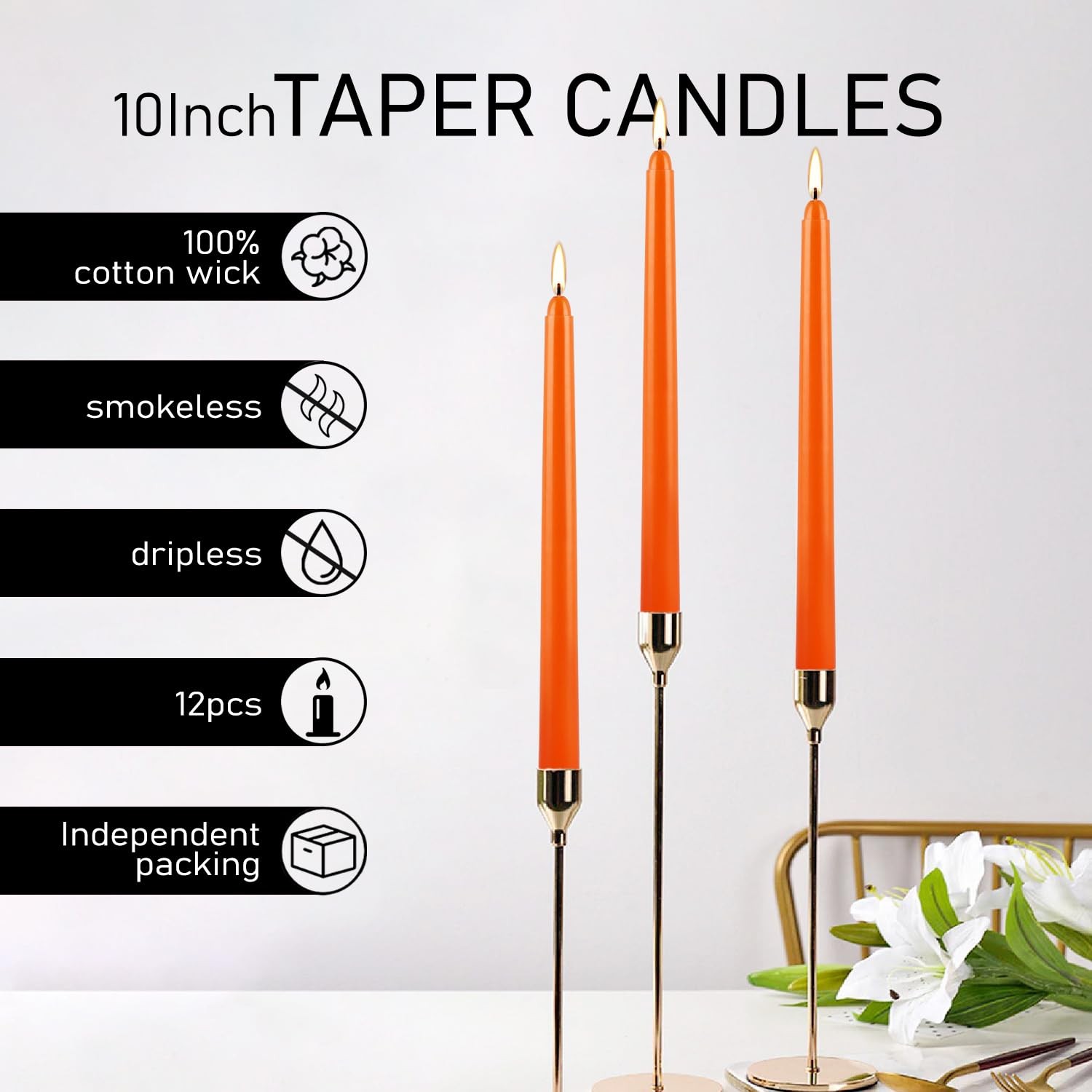 10 Inch Orange Slender Taper Candles Set – 12 Pcs Dripless, Smokeless with Co…