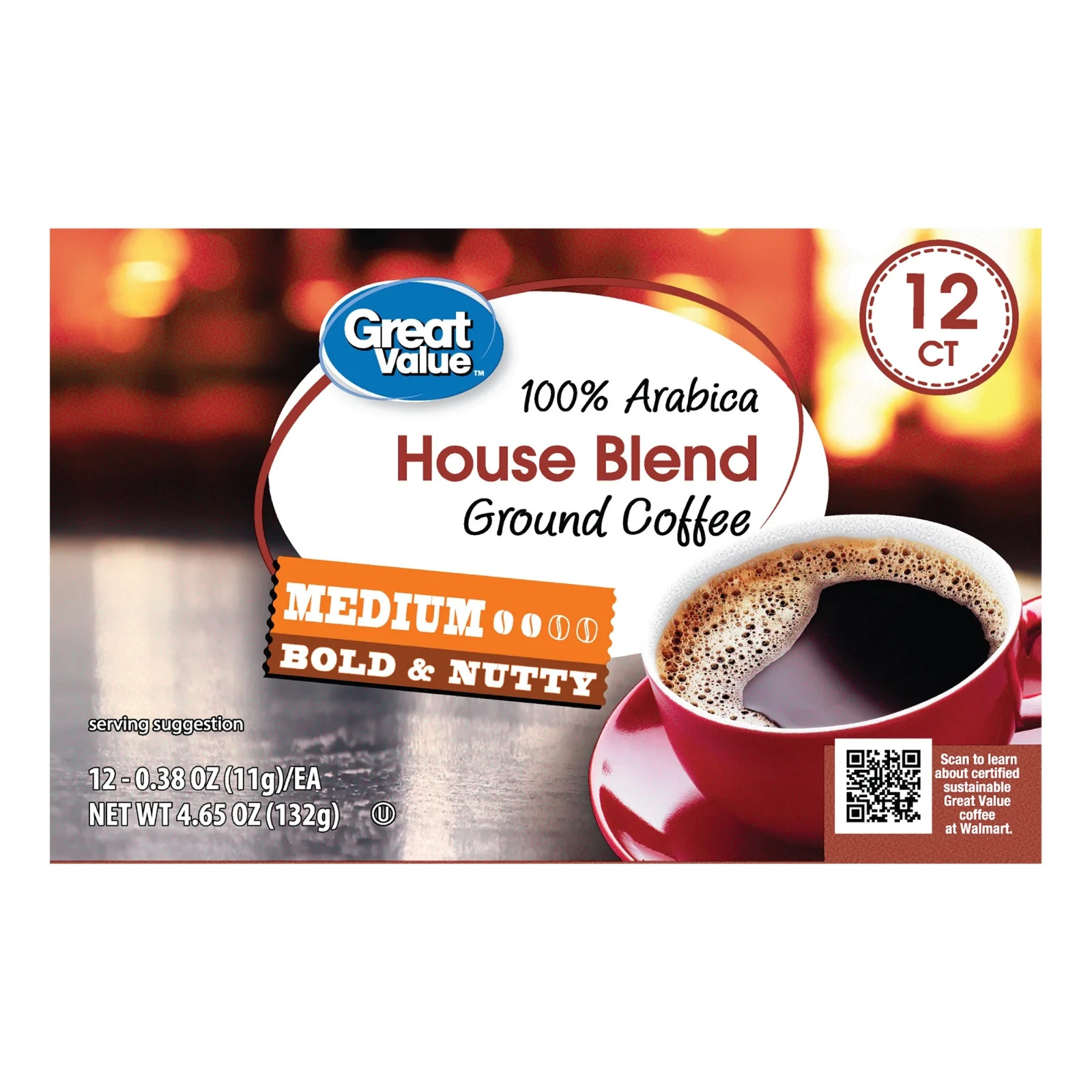 Great Value 100% Arabica House Blend Medium Roast Coffee Pods, 12 Count