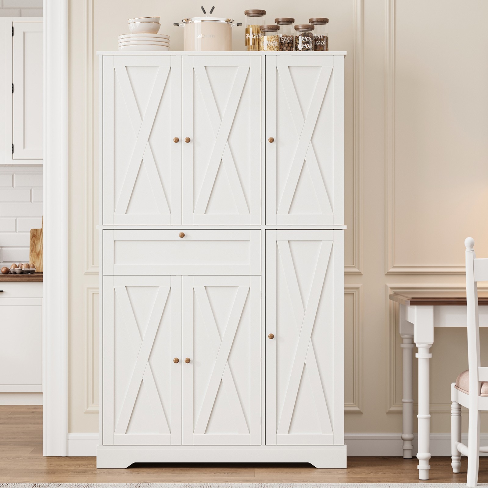 68″ Kitchen Pantry Cabinet, 6-Door Storage Hutch with Drawer & Shelves, White