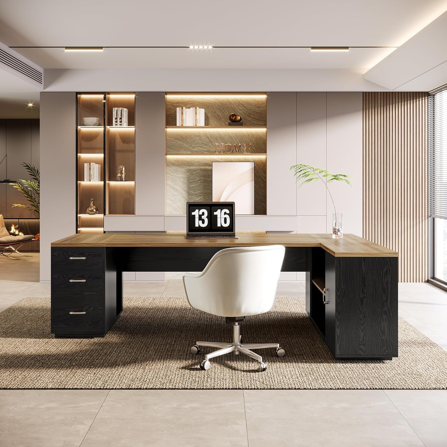 85.8-Inch L-Shaped Executive Desk, Large Office Computer Desk with File Drawers