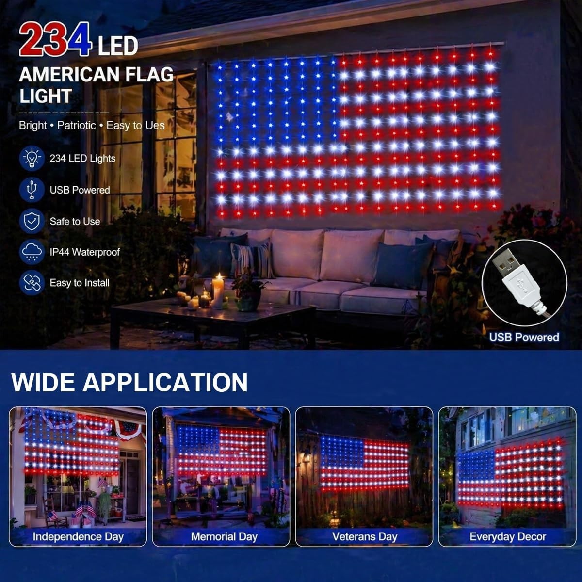 American Flag String Lights, Waterproof Led Flag Net Light, with 420 Super Brigh