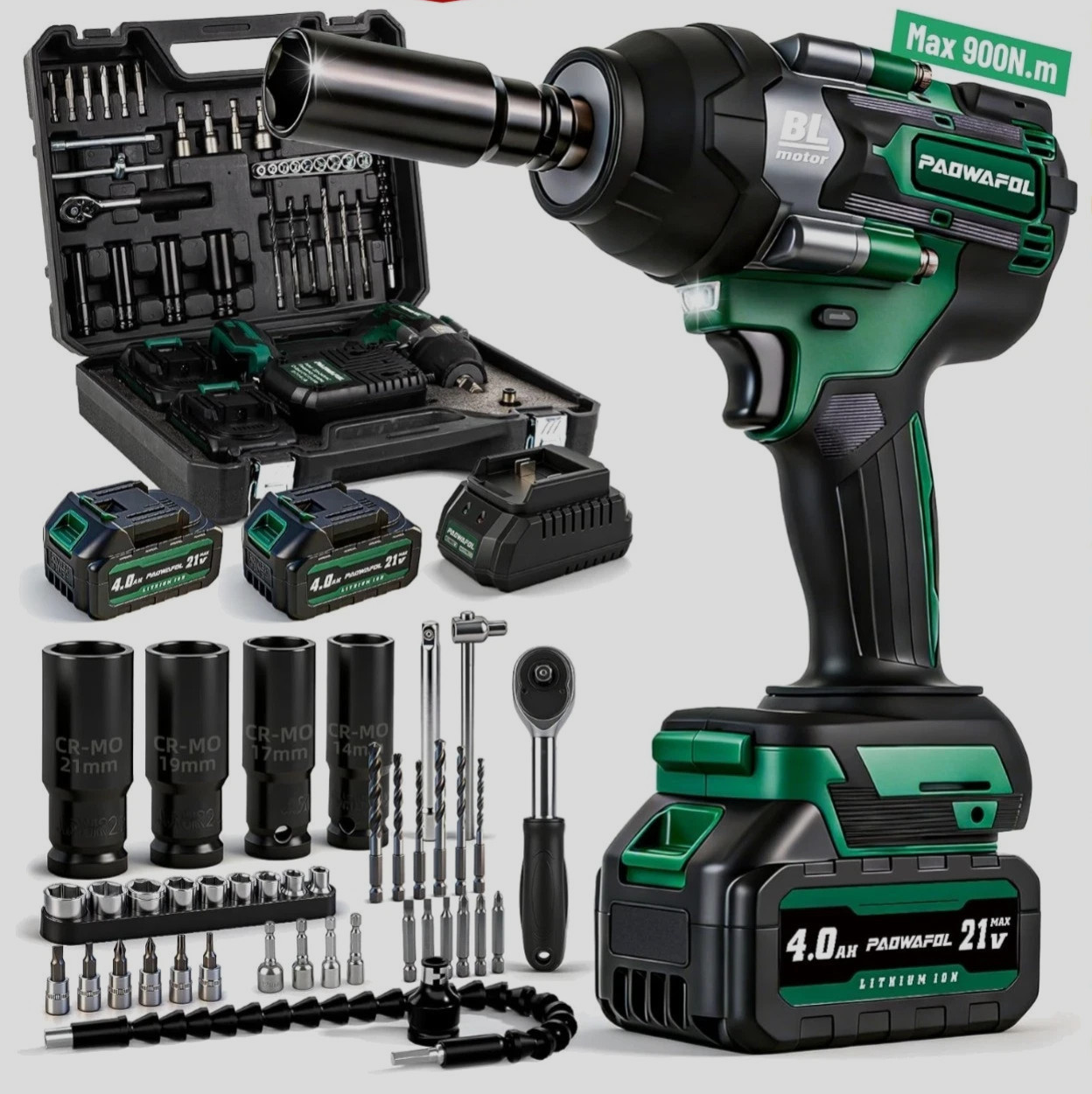 Impact Wrench 665 Ft-lbs900N.m 2200IPM 1/2 Impact Gun-with 2 BATTERY & 1 CHARGER