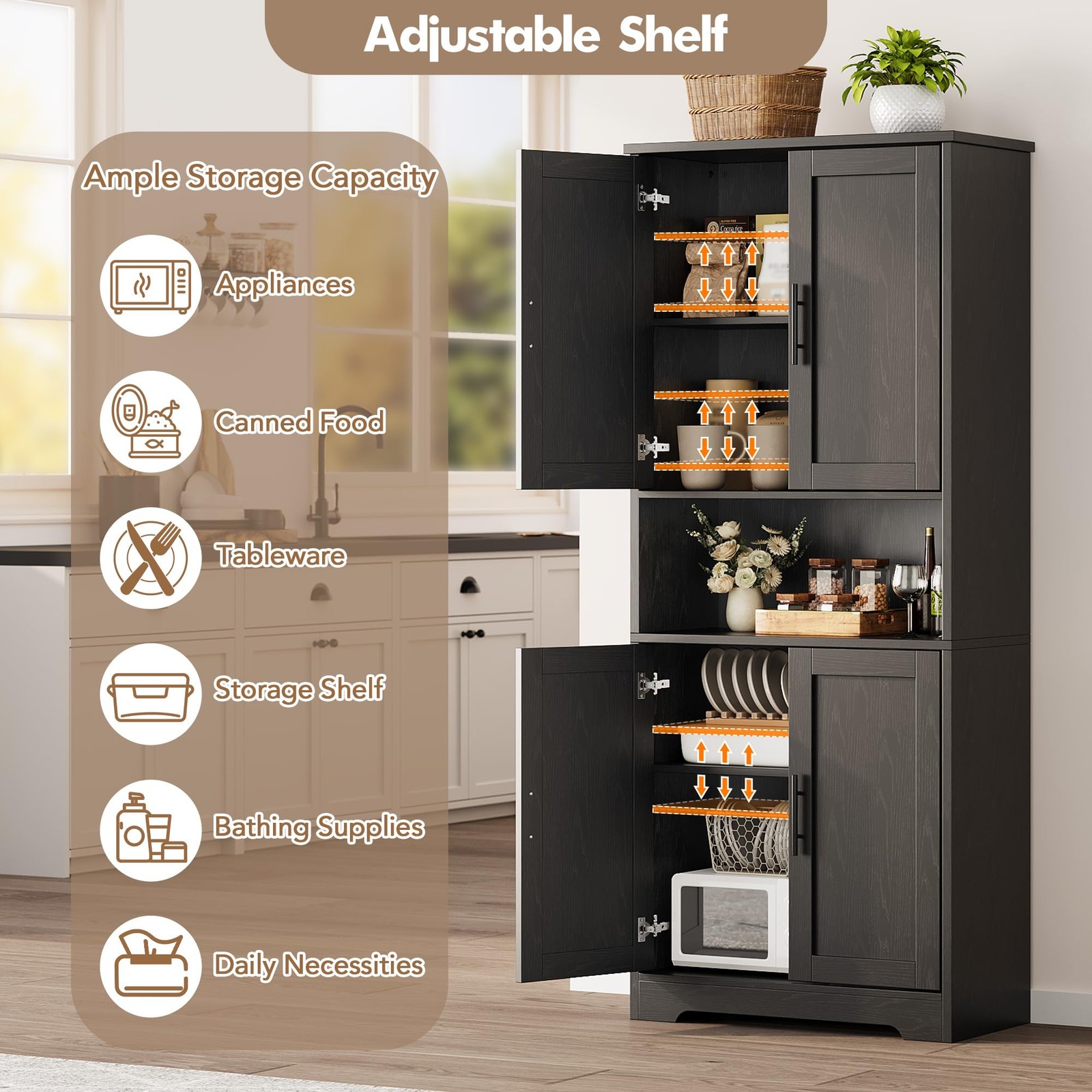 70” Tall Kitchen Pantry Cabinet Freestanding Storage Cabinet Adjustable Shelves