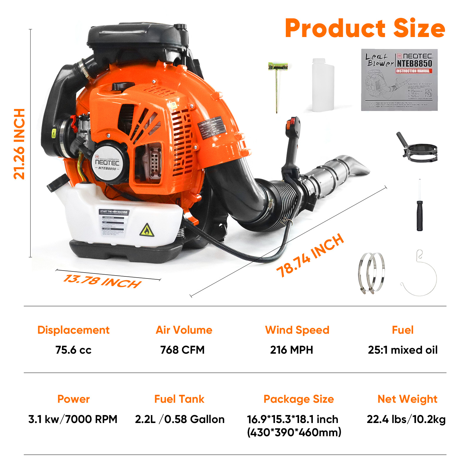 Leaf Blower 75.6CC 2-Stroke Backpack Gas Powered Leaf Blower 236MPH Wind Speed