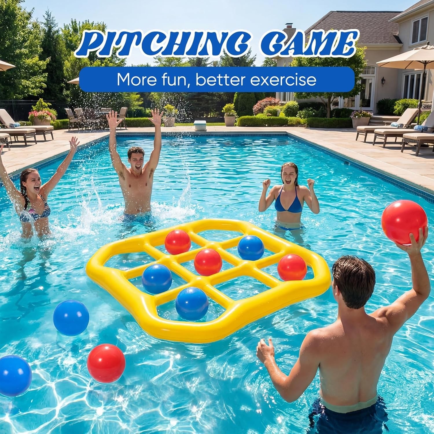 Inflatable Pool Tic-Tac-Toe Game Set with 10 Balls for Adults Kids Teens