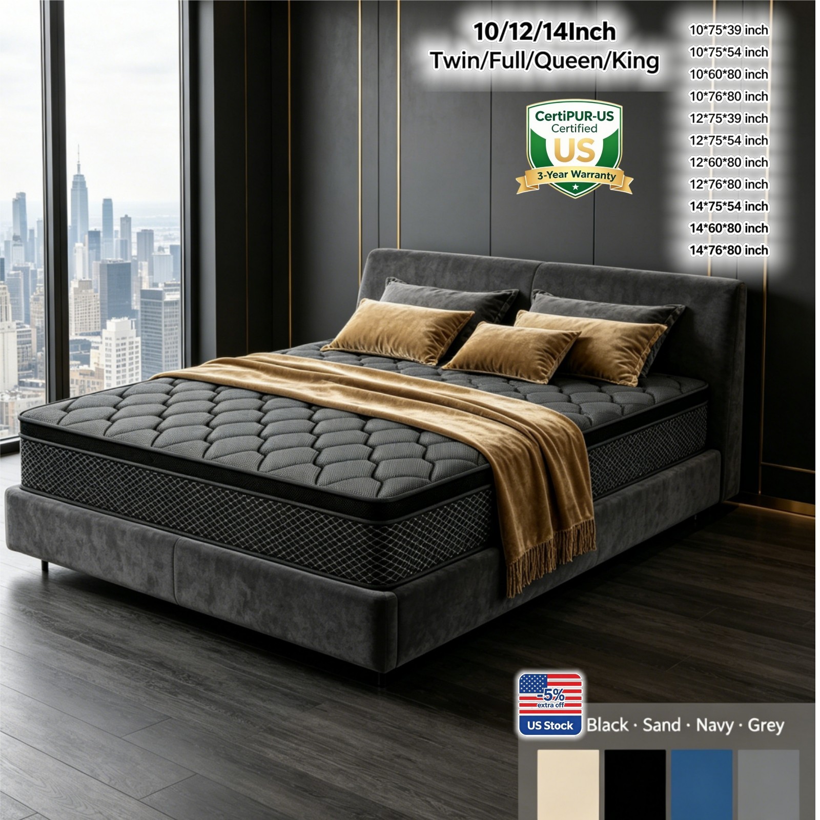 10 12 14” Gel Memory Foam&Spring Hybrid Mattres King Queen Full Twin In a Box