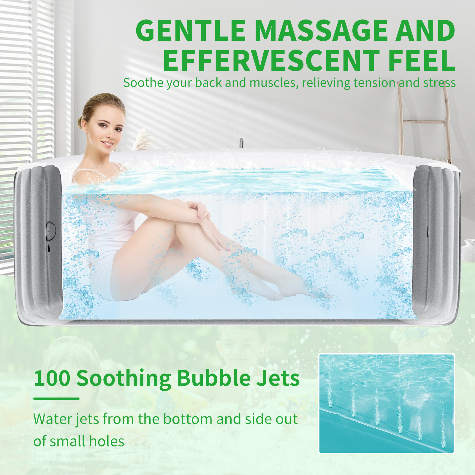 H&ZT 2 Person Inflatable Hot Tub w/Table Leak-Proof PVC Outdoor Spa 100 Air Jets