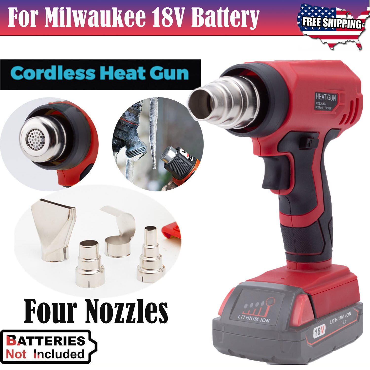 NEW Heat Gun For Milwaukee 18V Li-Ion Battery 360W Hot Air Gun Kit 4× Nozzles US