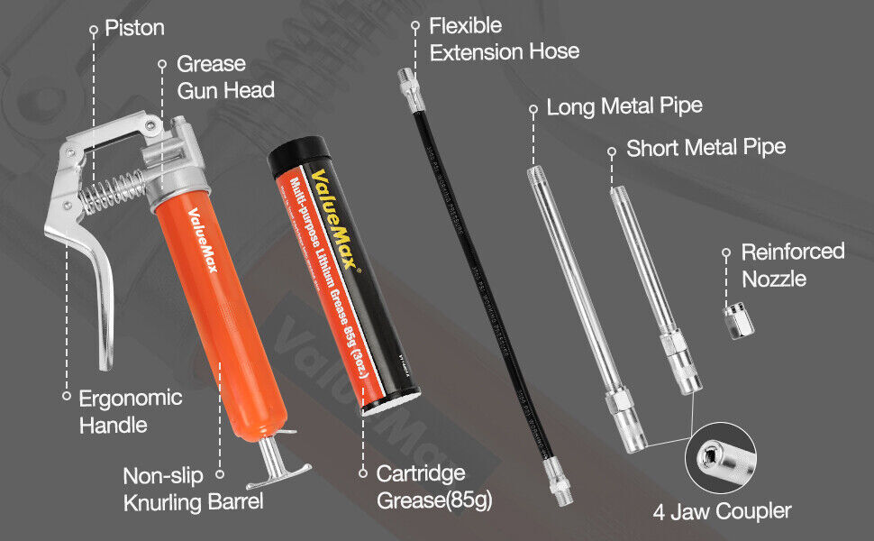 Mini Grease Gun Kit 3500 PSI 3OZ Grease 12″ Flexible Hose 5″& 3″ Extension Tubes