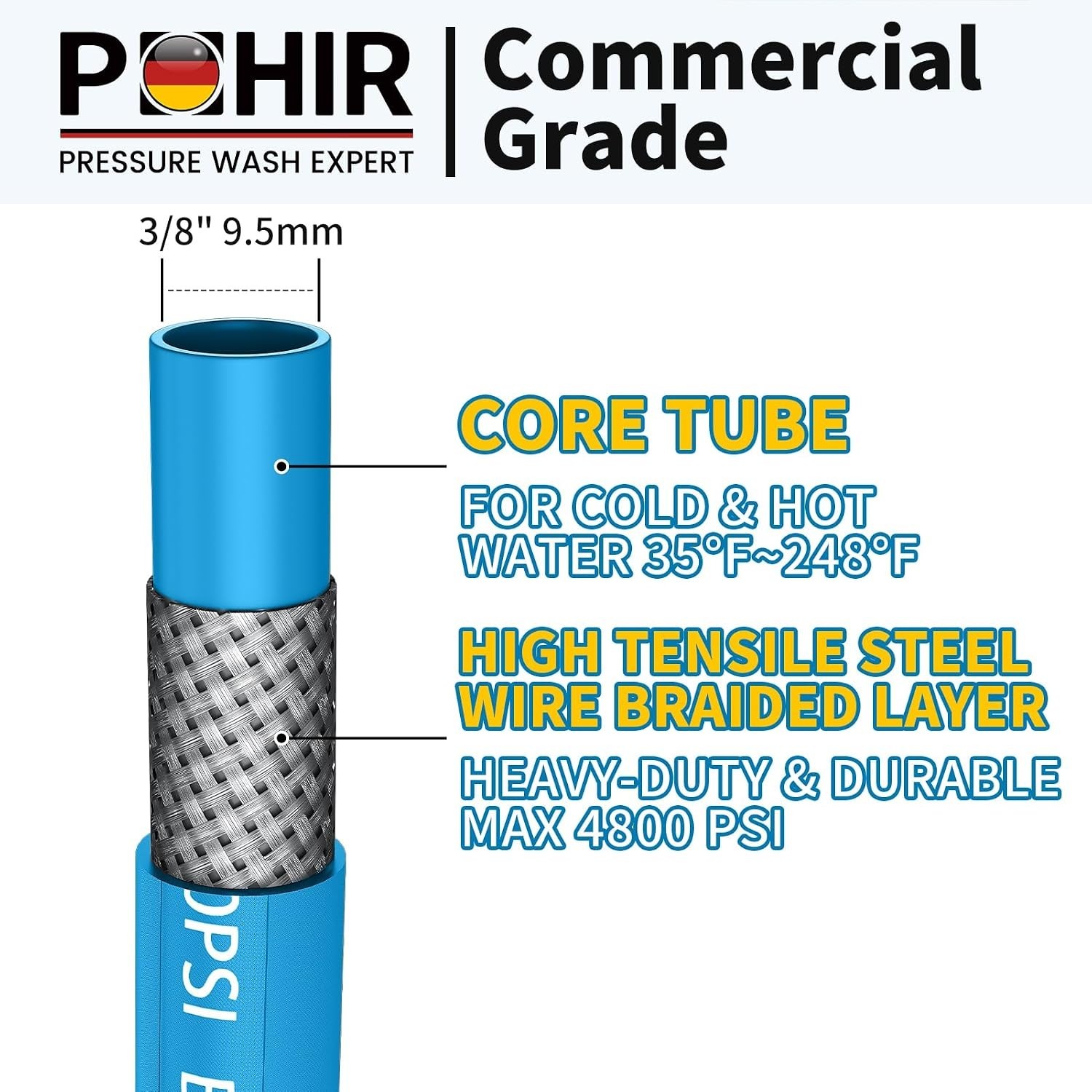 2ft Pressure Washer Hose 3/8″ | 4800 PSI with Quick Connect for Hot & Cold Water