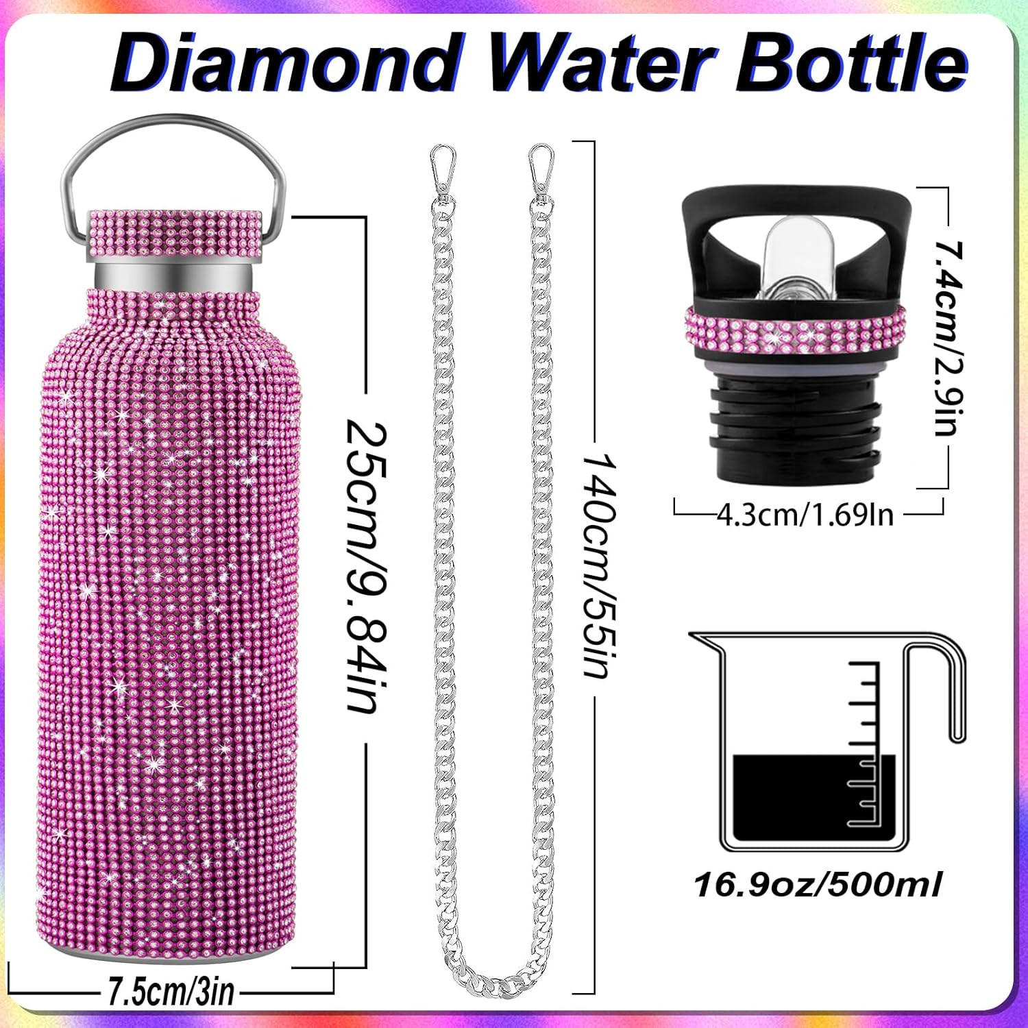 17oz Pink Bling Rhinestone Bottle, Diamond Cup for Women | Pink bling rhinestone