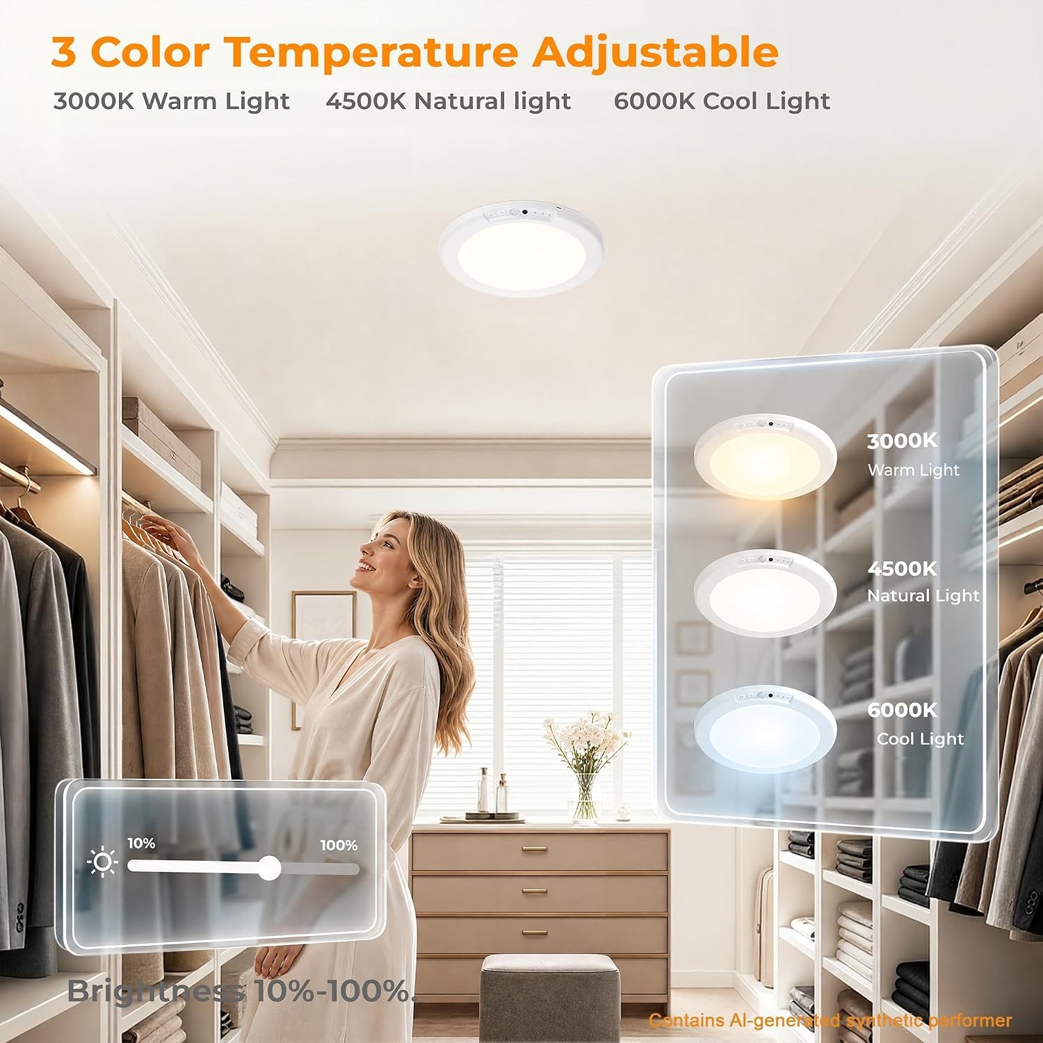 7.5in Rechargeable Motion Sensor Ceiling Light, 6000mAh, 3 Color Dimmable
