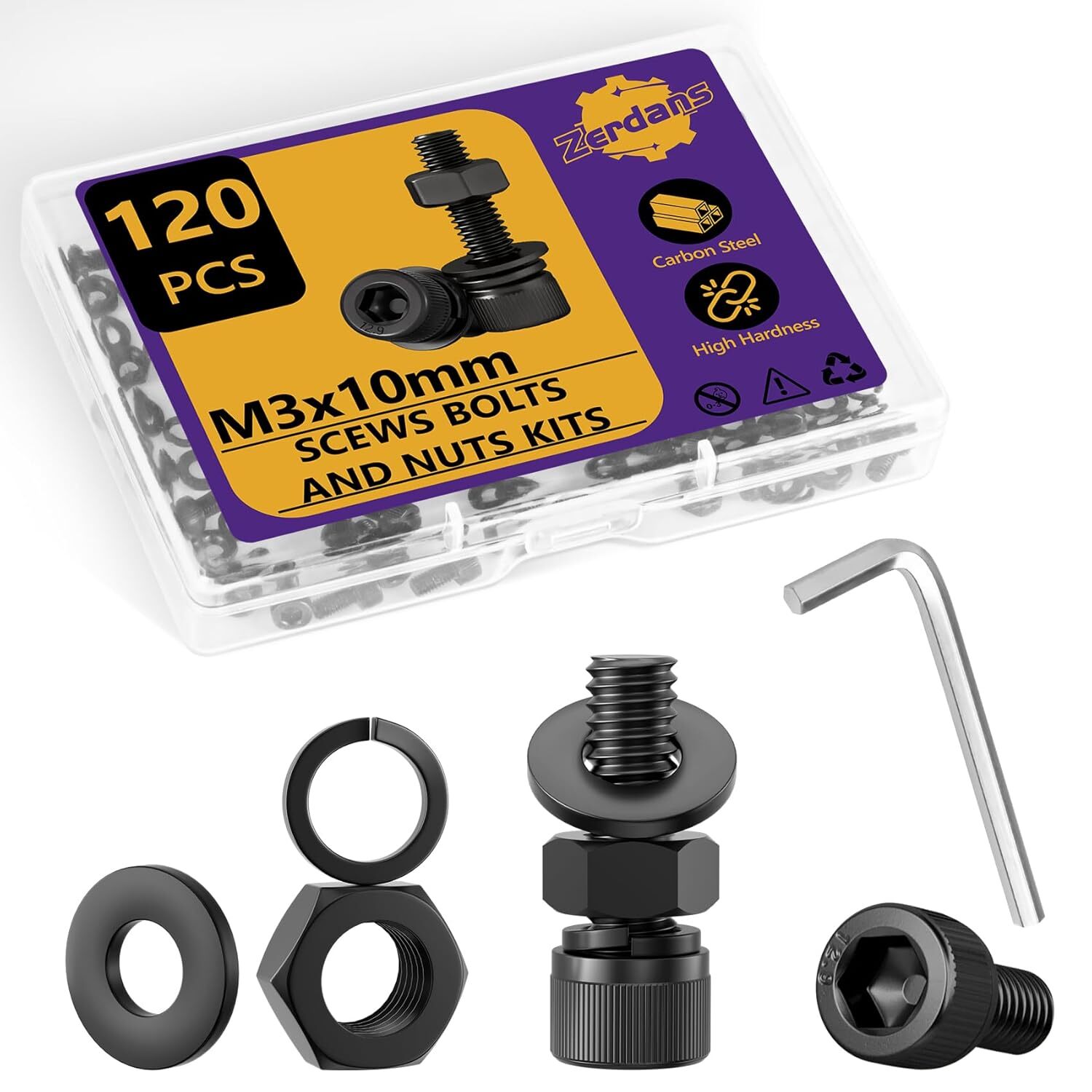Hex Socket Head Cap Screws Bolts & Nuts Assortment Kit with Lock & Flat Washers
