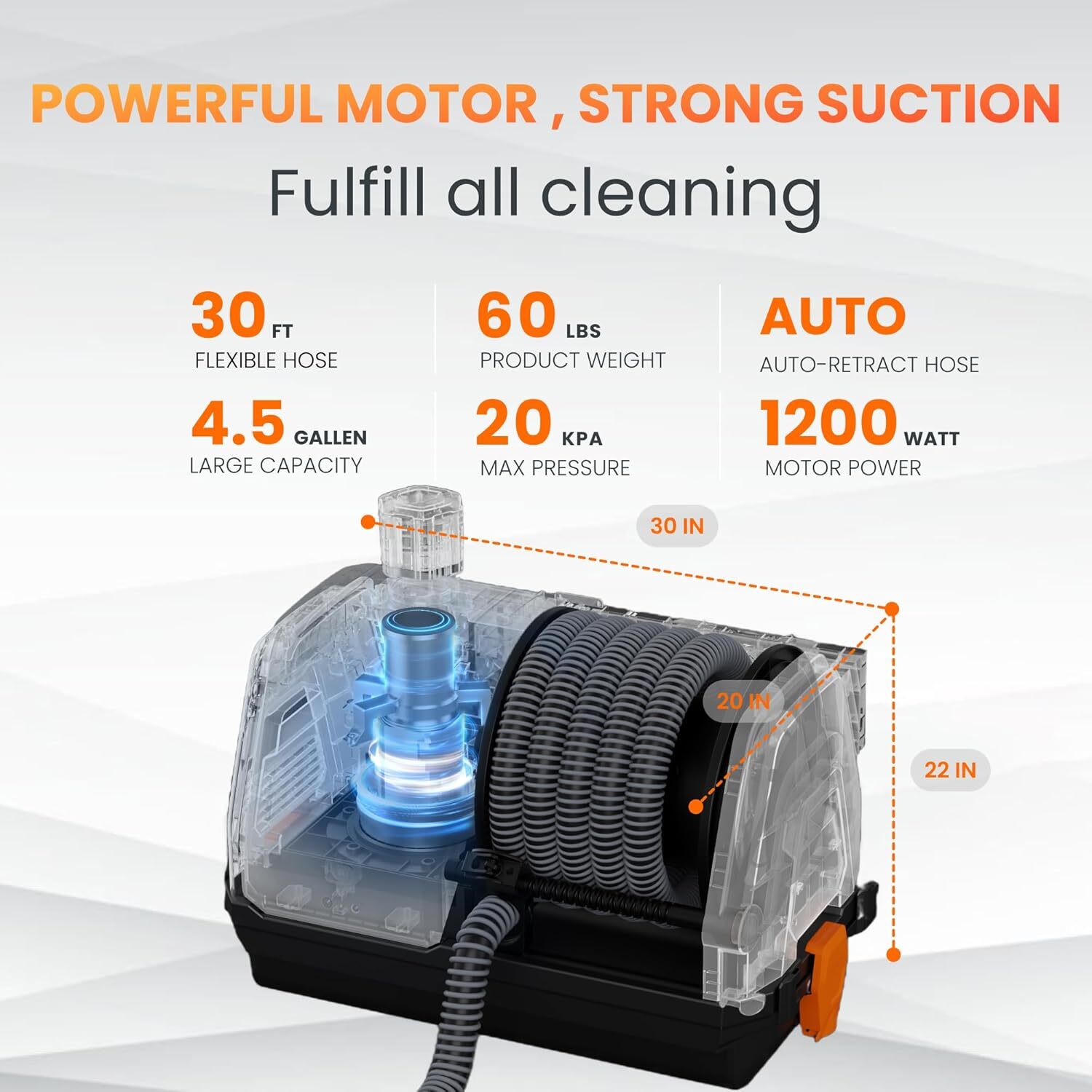Giraffe Tools Wet Dry Vacuum Cleaner with 30FT Retractable Hose–Remote Control