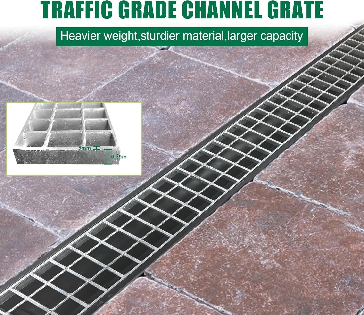 Channel Drain with Galvanized Steel Grates-39.4Lx6.1Wx5.5H In. Deep Profile Tren