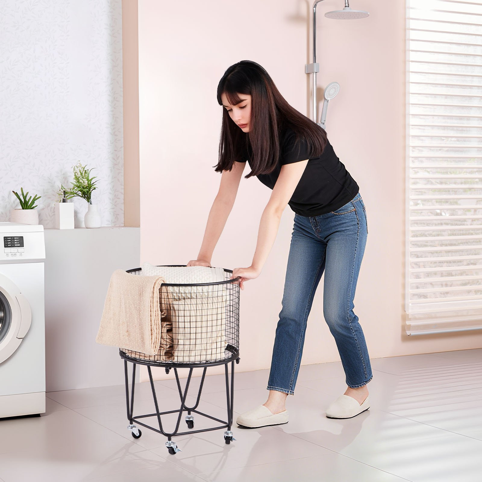 VEVOR Laundry Cart, Rolling Round Grocery Utility Cart with 360° Swivel Wheels,
