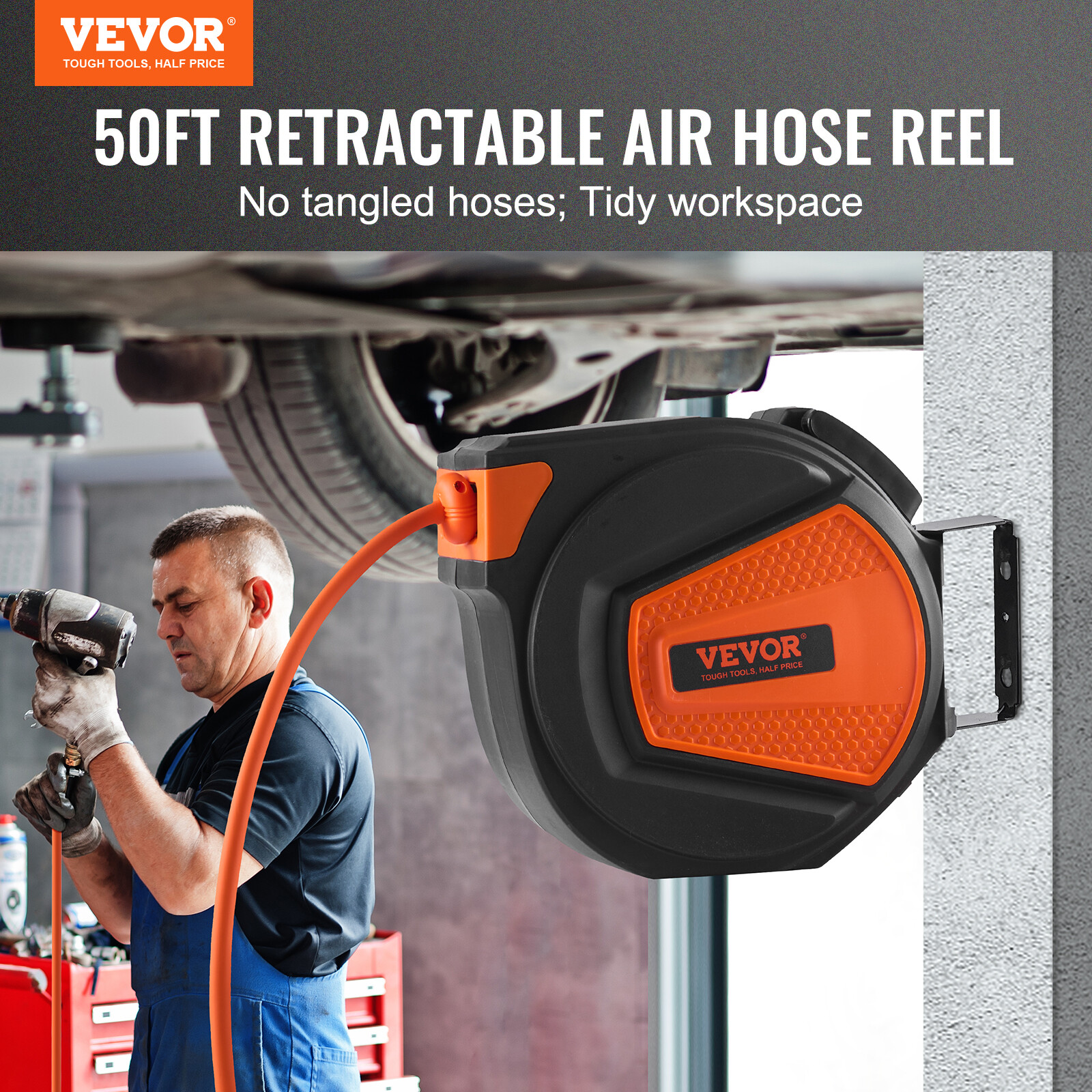 VEVOR Retractable Air Hose Reel 3/8 IN x 50 FT Hybrid Enclosed Air Hose 300 PSI